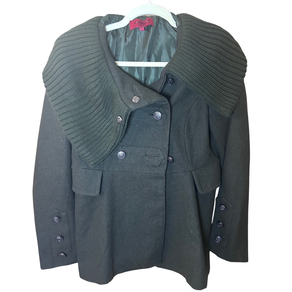 Coffeeshop Pea Coat Wool Small Green Excellent Knit Collar Double Breasted